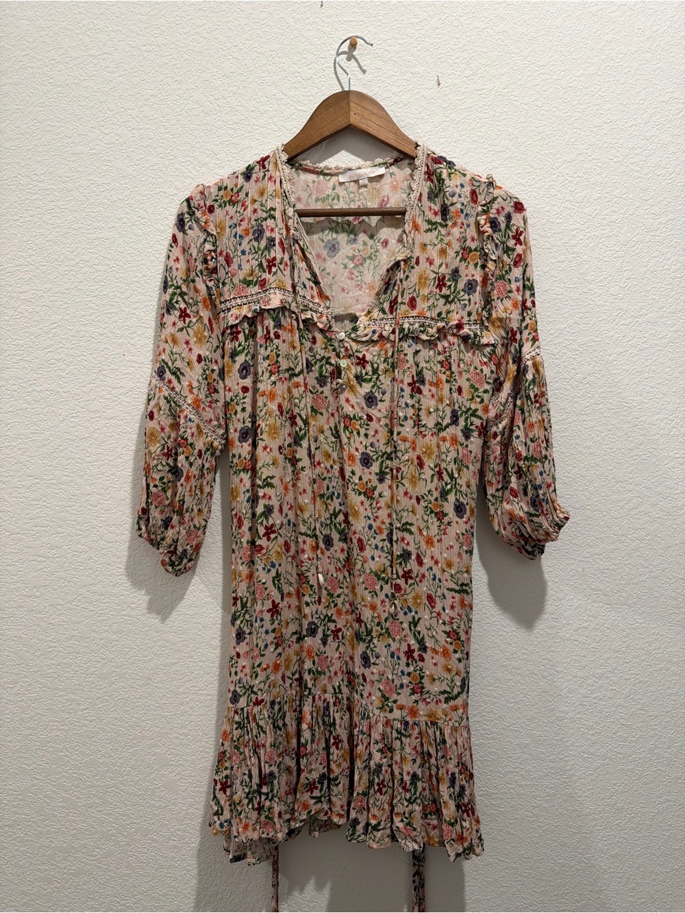 Olivaceous floral garden cream peasant mini dress flowy